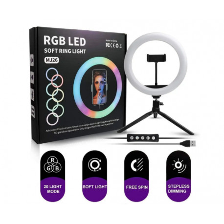 Кольцевая светодиодная RGB лампа YQ 26 cm держателем для телефона и креплением под штатив