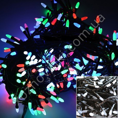 Гирлянда 100 LED (РИС) на черном проводе 8 м светодиодная № 559