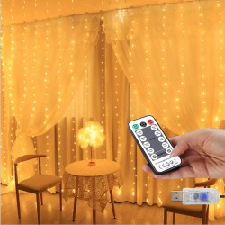 Штора роса 3*3 пульт с режимами+USB 200 Led Теплый