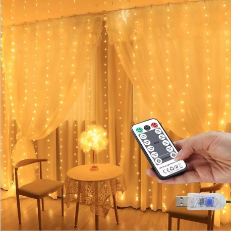 Штора роса 3*3 пульт с режимами+USB 200 Led Теплый