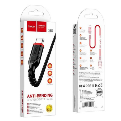 Кабель HOCO X59 ANTI-BENDING USB to Type-C 3A, чорний з червоним (1 м)