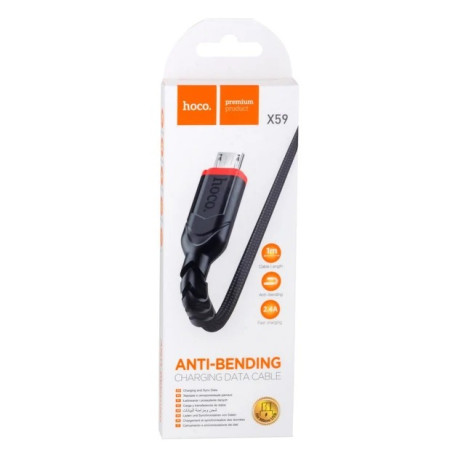 Кабель HOCO X59 ANTI-BENDING USB to microUSB 2.4A, чорний з червоним (1 м)