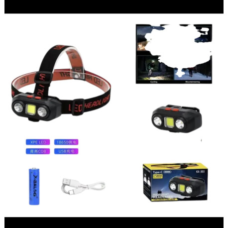 Налобний ліхтар біле світло KX-303 LED+COB, 18650 аккумулятор, Type-C,