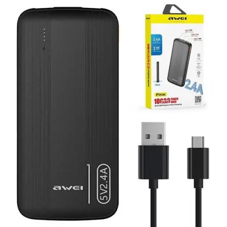 Повербанк для телефону 10000mAh Li-Pol 2USB, Type-C 2.4A AWEI P20K з індикатором заряду та швидкою зарядкою, чорний