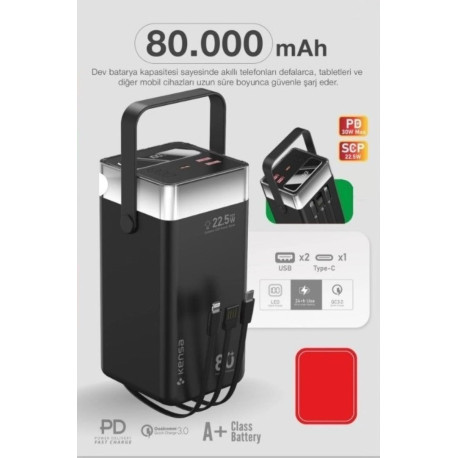 Повербанк KENSA 80000 mAh 22.5W с LED дисплеем и встроенным фонариком, быстрая зарядка, универсальные порты USB, USB-C, Type-C