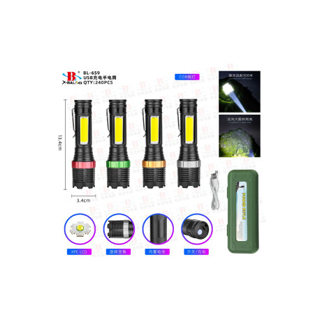 Фонарь ручной (Bailong) X-BAIL BL-659 с фокусировкой, боковой свет (USB micro charge) (240шт)