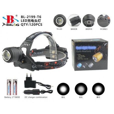 налобный фонарик X-BAIL BL-2199-T6 zoom + 2х18650 (120шт)